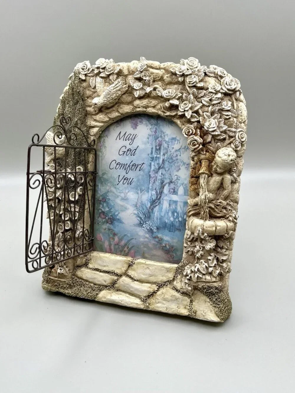 Y2K 3D Resin Victorian Gated Garden Hand Painted Easel Frame Cherub 4x6 Memorial